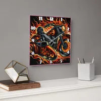 Fiery motorcycle racing through blazing flames  square wall clock