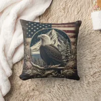 Bald Eagle by Mountains and Flag Throw Pillow