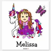 Large Hand Drawn Princess and Unicorn and Name Sticker