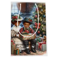 Vintage Kids Opening Christmas Presents  Medium Gift Bag