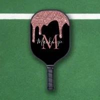 Chic Rose Gold and Black Glitter Drips Monogram Pickleball Paddle