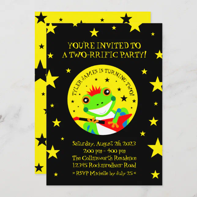 Rockin' Birthday Tree Frog with Red Guitar Invitation