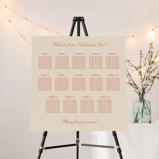 Terracotta Script 14 Table Wedding Seating Chart Foam Board