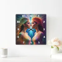 Two Women With Colorful Auras in Abstract Art Square Wall Clock