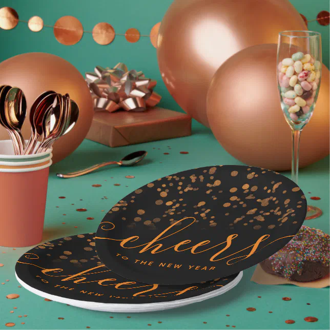 Handwritten Cheers to the New Year Copper Confetti Paper Plates