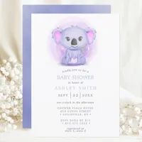 Purple Koala Cute Whimsical Watercolor Baby Shower Invitation