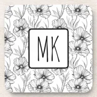 Modern Black and White Floral Monogrammed Beverage Coaster