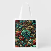 Beautiful Steampunk Themed Gears and Roses Grocery Bag