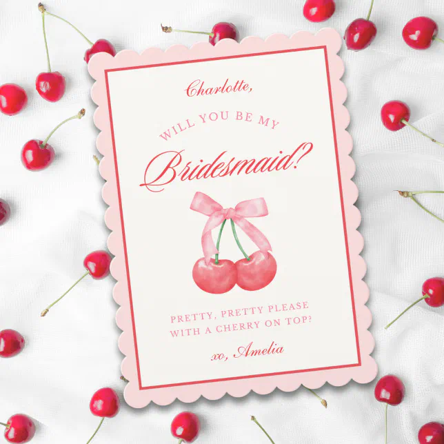 Personalized Name Bow Cherry Bridesmaid Proposal Invitation