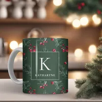 Dark Green Winter Watercolor Botanical Monogram Coffee Mug