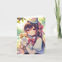 Pretty Anime Holding Kitten Girl's Birthday Invitation