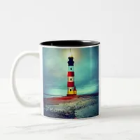 Abandoned Beach  dilapidate Illuminated Lighthouse Two-Tone Coffee Mug