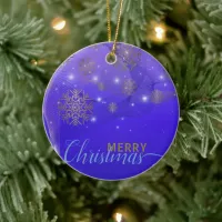 Glowing Blue Winter Wonderland Merry Christmas Ceramic Ornament