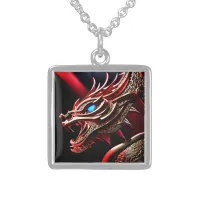 Fire breathing dragon red and gold scales sterling silver necklace