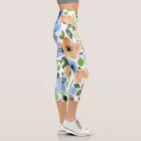 Flowers All Over, Peach, Blue, Green Watercolor Capri Leggings