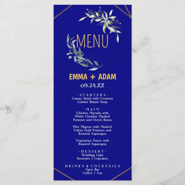 Simple Eucalyptus Greenery Navy Blue and Gold Menu