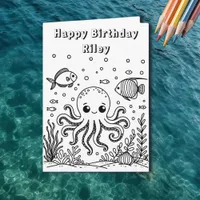 Octopus and Fish | Kid's Birthday Coloring Page Card