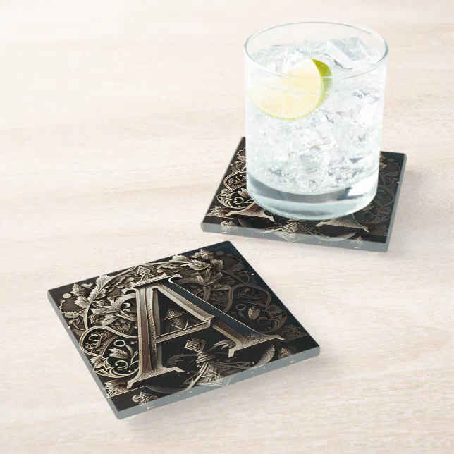 Medieval Ornamental Floral Letter A  Glass Coaster