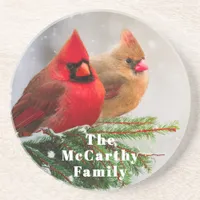 Northern Cardinals in Pine Tree Family Name Coaster