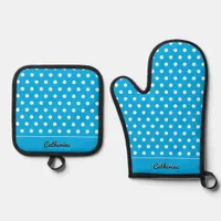 Cute Pretty Retro Polka Dots Vibrant Blue Custom Oven Mitt & Pot Holder Set