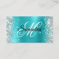 Silver Glitter Turquoise Blue Foil Fancy Monogram Business Card