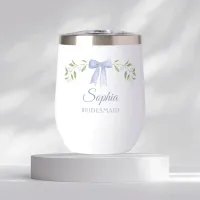 Elegant Dusty Blue Bow Name Bridesmaid Proposal Thermal Wine Tumbler