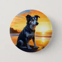 Cute Dog on Beach at Sunset  Button