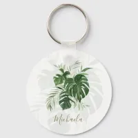 Tropical Leaves Modern Elegant Script Personalized Keychain