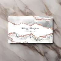 Chic Watercolor White and Rose Gold Agate QR Code Business Card