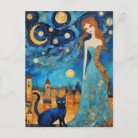 The Beautiful Woman and Cat in a Night City Postcard