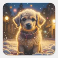 Cute Christmas Puppy on a Snowy Night Square Sticker