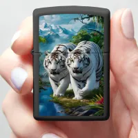 White Bengal Tigers by the Stream Zippo Lighter