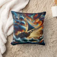 Pirate Ship Sailing Colorful Waves Throw Pillow