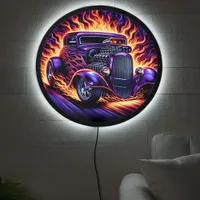 Classic hotrod with fiery flames at sunset LED sign