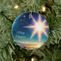 Christmas star, charming winter landscape at night ceramic ornament