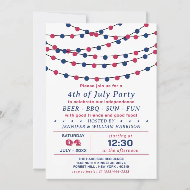 Red, White & Blue String Lights 4th Of July Party Invitation