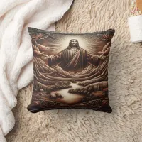 Jesus Welcoming in Serene Mountain Landscape Throw Pillow