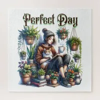 Perfect Day | Girl Reading with Cat and Plants Jigsaw Puzzle