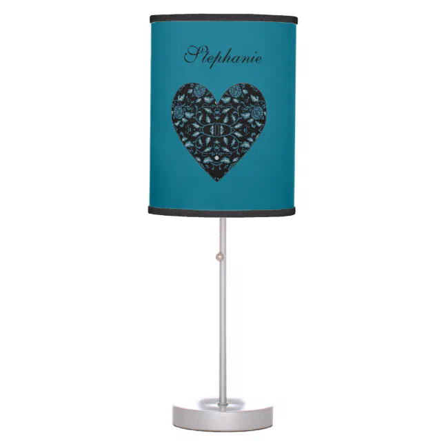 Elegant Flowery Black and Teal Damask Heart Table Lamp