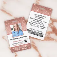 Staff Photo ID Barcode Logo Rose Gold Glitter Name Badge