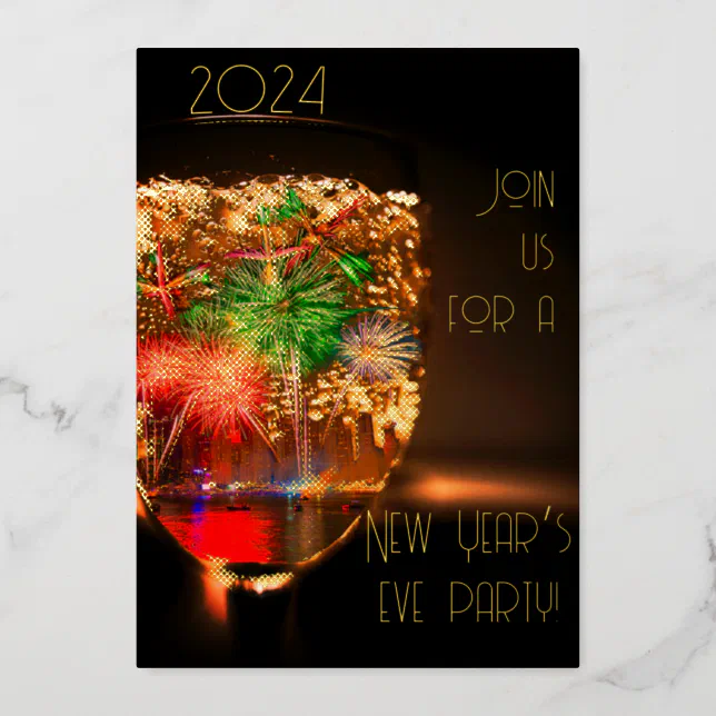 Bubble and  fireworks with gold - new year party foil invitation
