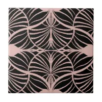 Elegant Art Deco Pink & Black Gouache Scallops Ceramic Tile