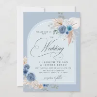 Rustic Calligraphy Boho Dusty Blue Pampas Wedding Invitation