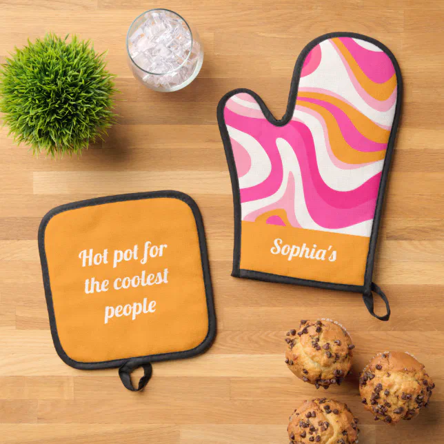 Retro Funky Hot Pink And Orange Oven Mitt & Pot Holder Set