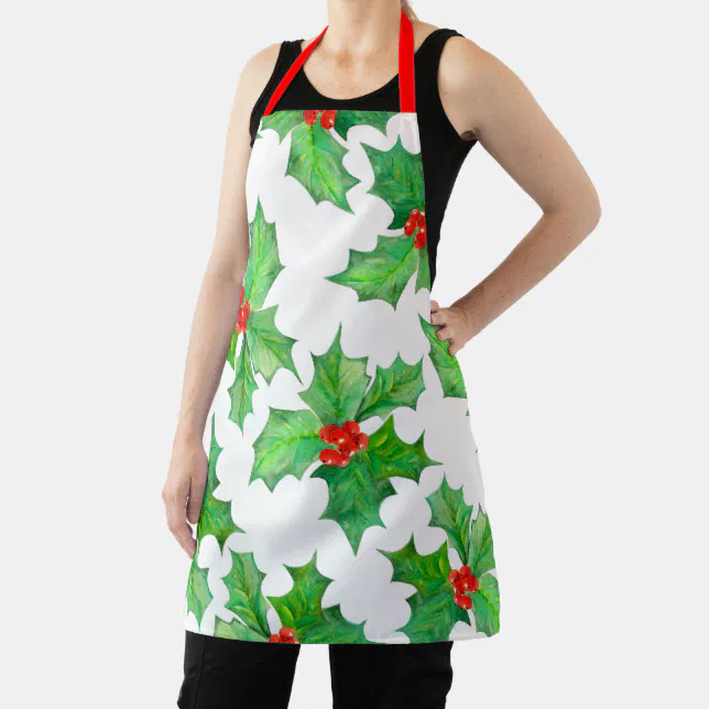 Holly Leaves, Berries, Red, Green Floral Christmas Apron