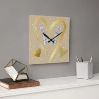 Gold Hearts King and Queen Chess Pieces on Brown | Square Wall Clock