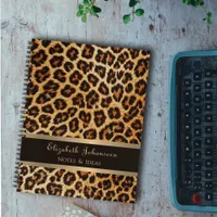 Leopard print pattern Brown Gold foil stripe Name  Notebook