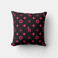 Black + Hot Pink Custom Initial Monogram Pattern Throw Pillow