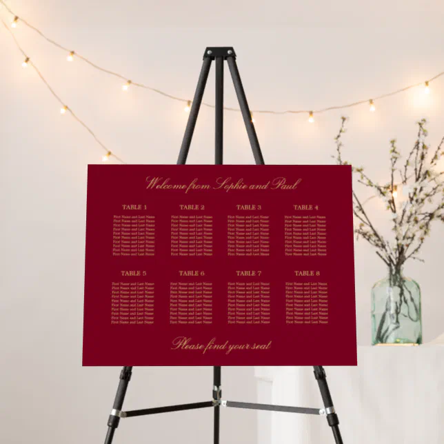 Burgundy Gold 8 Table Seating Chart Foam Board