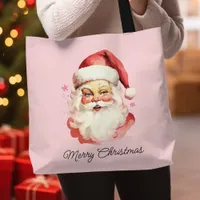 Vintage Retro Santa Claus Pink Merry Christmas Tote Bag